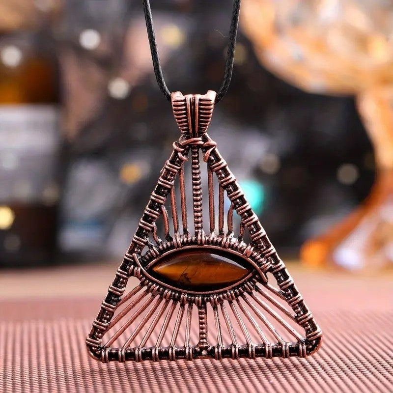 Tigers Eye Triangle Wrapped Vintage Bohemian Tribal Ethnic Necklace Crystal Quartz Healing Energy Gemstone Gifts TXL018 Image 1