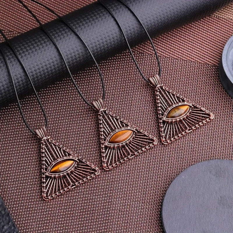 Tigers Eye Triangle Wrapped Vintage Bohemian Tribal Ethnic Necklace Crystal Quartz Healing Energy Gemstone Gifts TXL018 Image 4