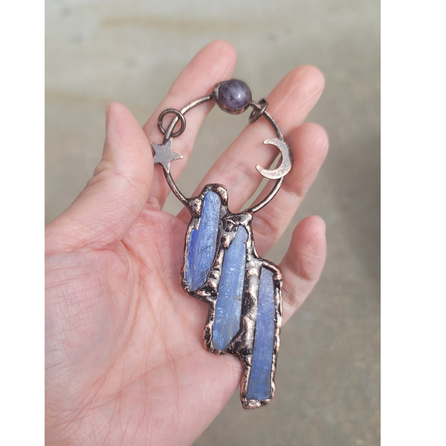 Star and Moon Blue Kyanite Quartz Crystal Amethyst Vintage Boho Pendant Necklace Tribal Healing Energy Irregular Shape Image 1