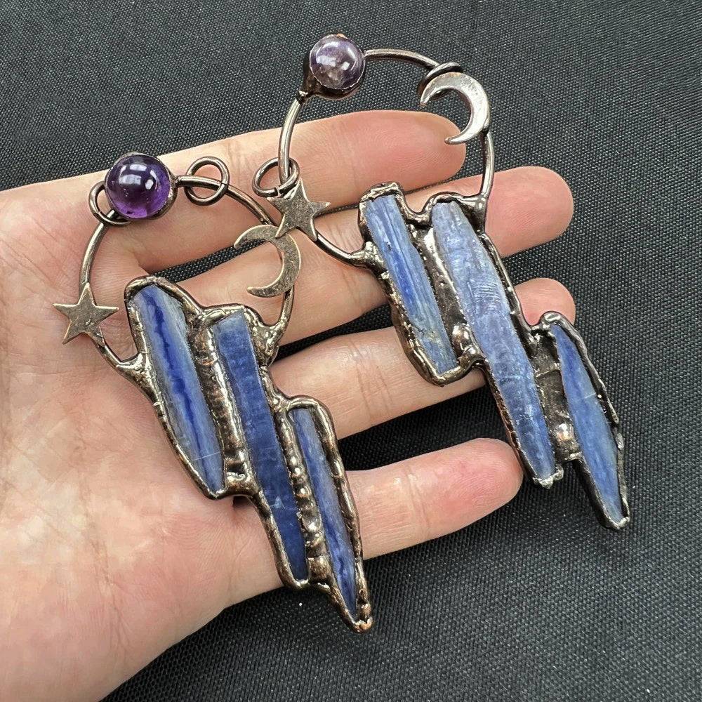 Star and Moon Blue Kyanite Quartz Crystal Amethyst Vintage Boho Pendant Necklace Tribal Healing Energy Irregular Shape Image 2