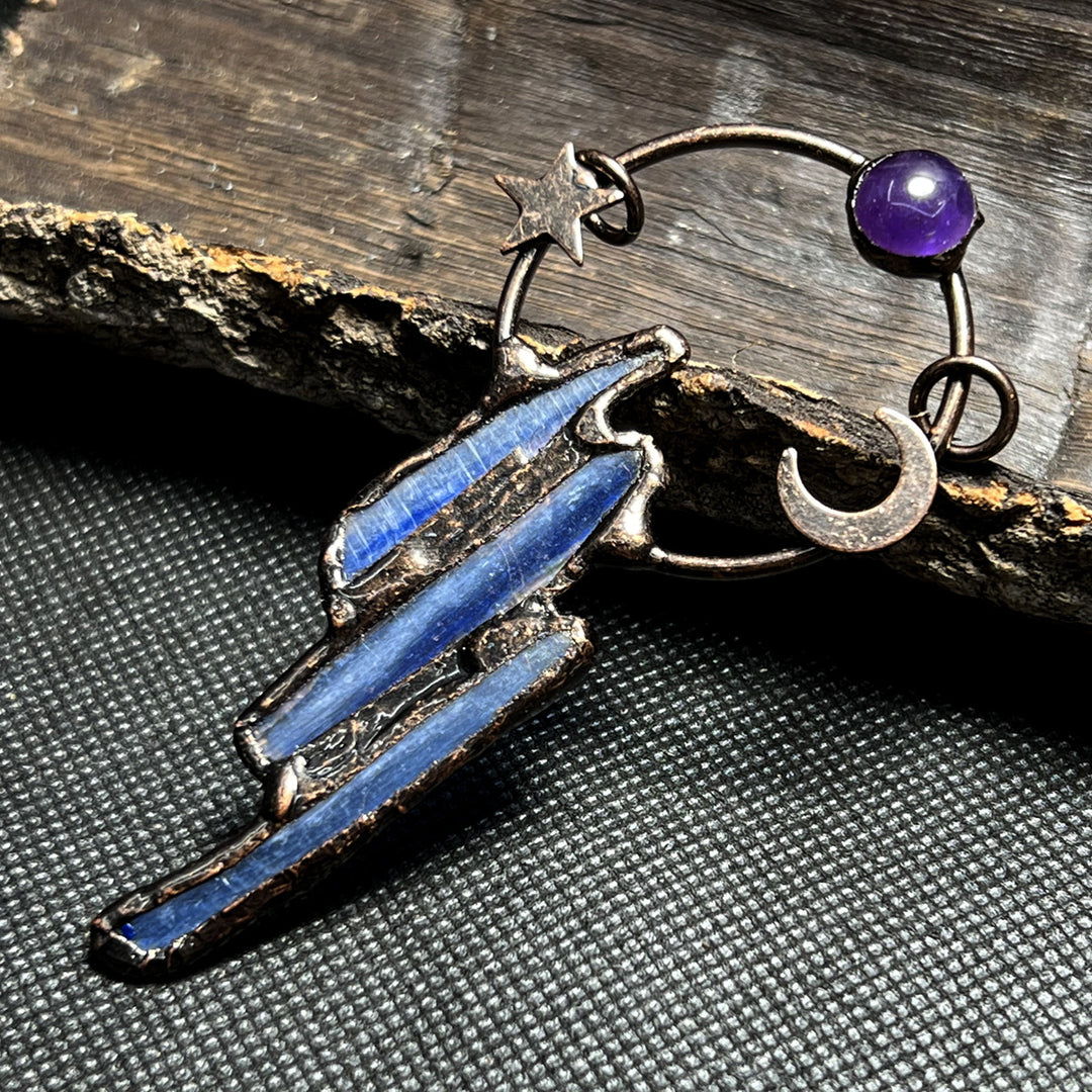 Star and Moon Blue Kyanite Quartz Crystal Amethyst Vintage Boho Pendant Necklace Tribal Healing Energy Irregular Shape Image 3