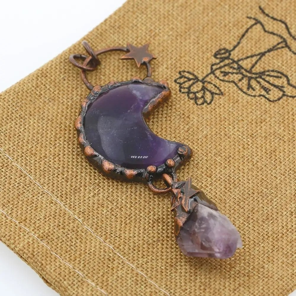 1PC Star and Crescent Moon Amethyst Crystal Vintage Boho Quartz Necklace Healing Energy Tribal Ethnic Gemstone TXL020 Image 4