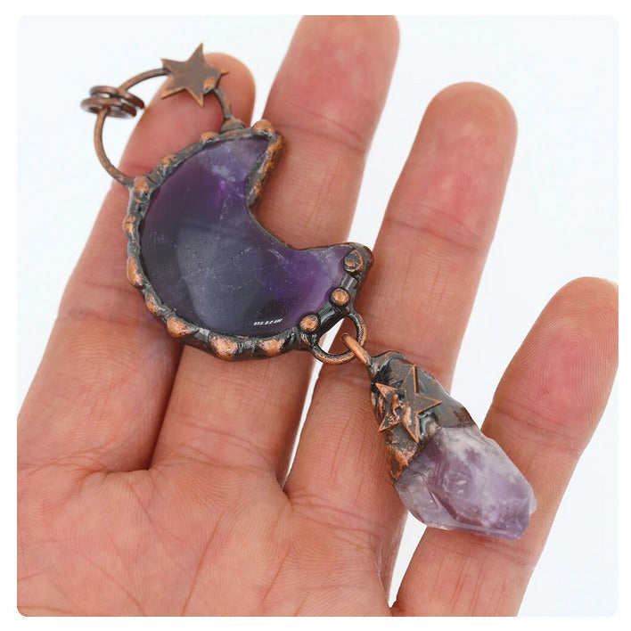 1PC Star and Crescent Moon Amethyst Crystal Vintage Boho Quartz Necklace Healing Energy Tribal Ethnic Gemstone TXL020 Image 4