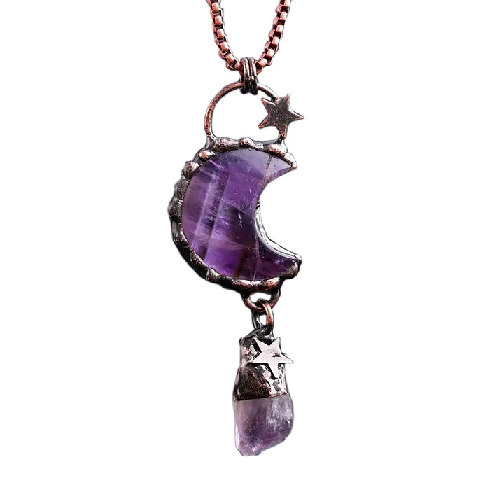 1PC Star and Crescent Moon Amethyst Crystal Vintage Boho Quartz Necklace Healing Energy Tribal Ethnic Gemstone TXL020 Image 8