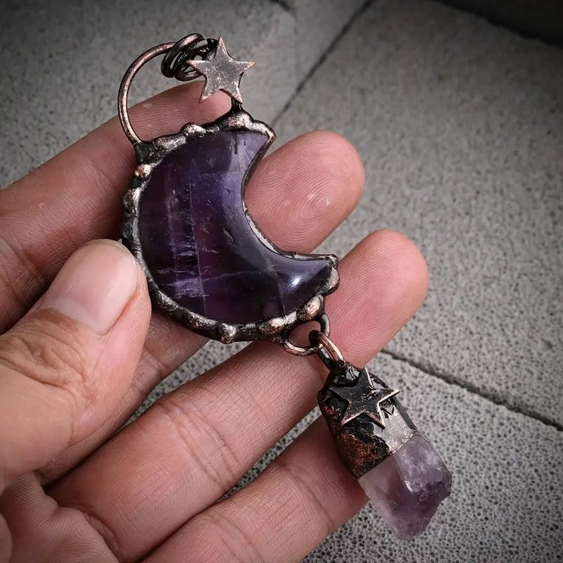 1PC Star and Crescent Moon Amethyst Crystal Vintage Boho Quartz Necklace Healing Energy Tribal Ethnic Gemstone TXL020 Image 10