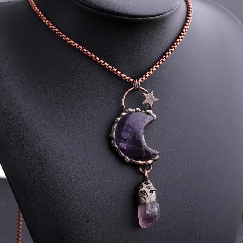 1PC Star and Crescent Moon Amethyst Crystal Vintage Boho Quartz Necklace Healing Energy Tribal Ethnic Gemstone TXL020 Image 11