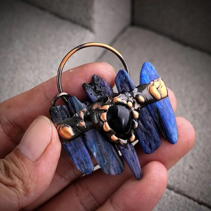 Onyx Combination Blue Kyanite Crystal Vintage Boho Pendant Necklace Quartz Healing Energy Stone Ethnic Irregular Shape Image 2