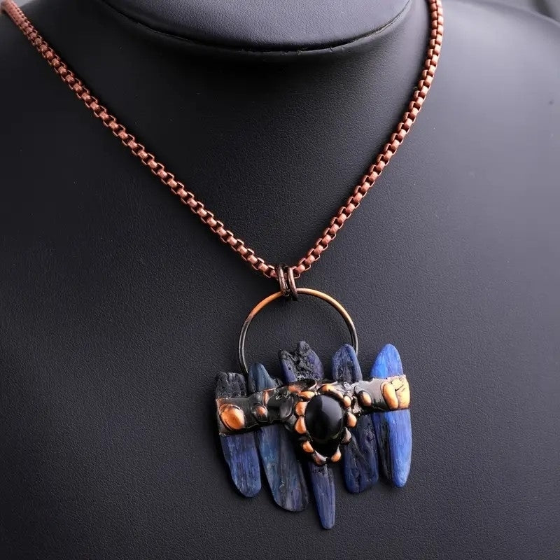 Onyx Combination Blue Kyanite Crystal Vintage Boho Pendant Necklace Quartz Healing Energy Stone Ethnic Irregular Shape Image 7