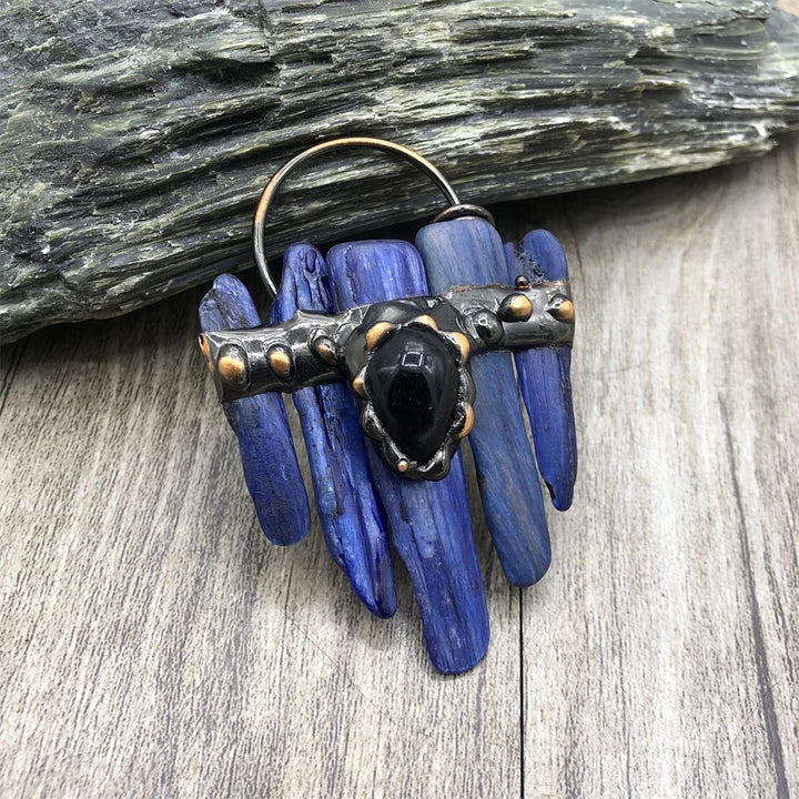 Onyx Combination Blue Kyanite Crystal Vintage Boho Pendant Necklace Quartz Healing Energy Stone Ethnic Irregular Shape Image 8