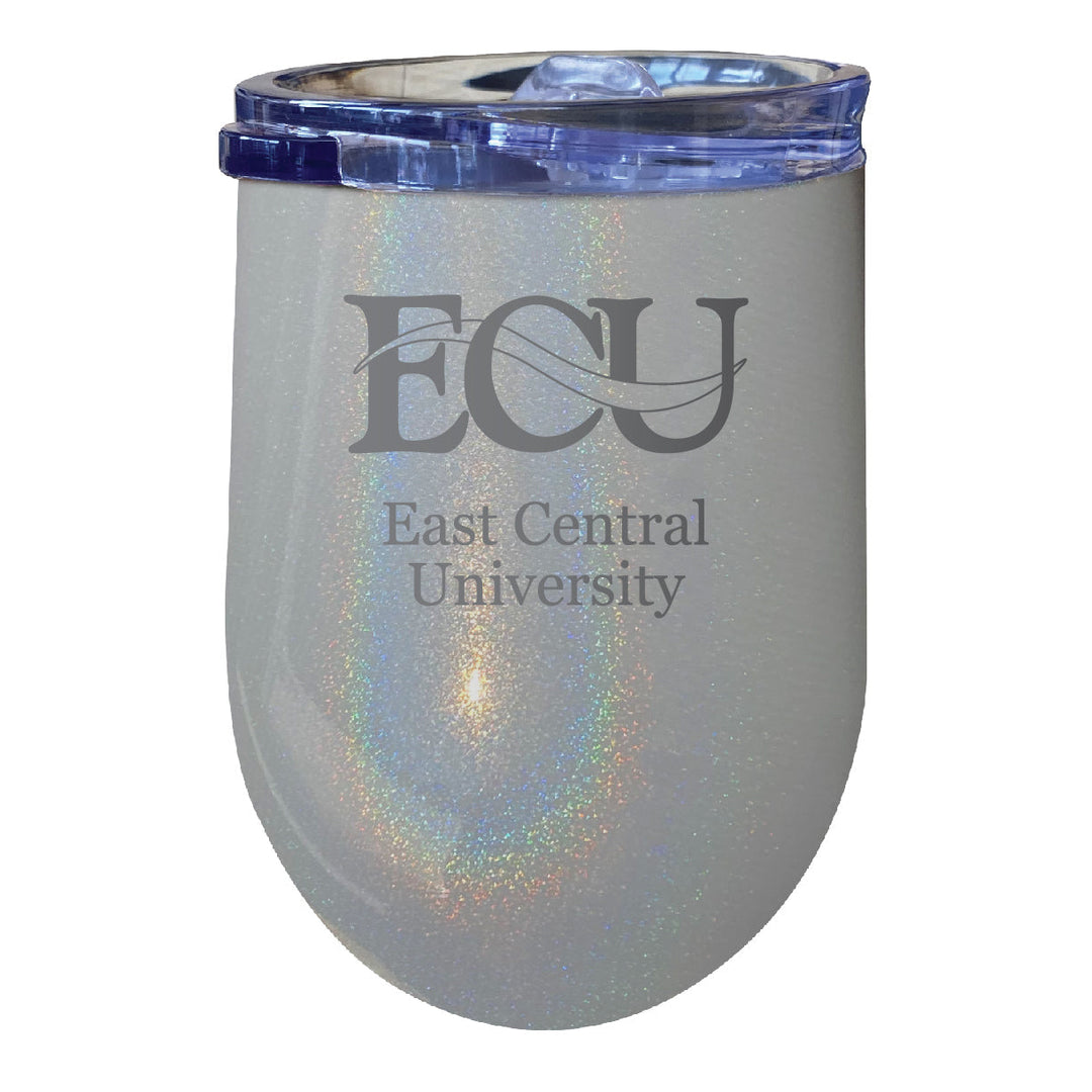 East Central University Tigers NCAA Laser-Etched Wine Tumbler - 12oz Rainbow Glitter Gray Stainless Steel Insulated Cup Image 1