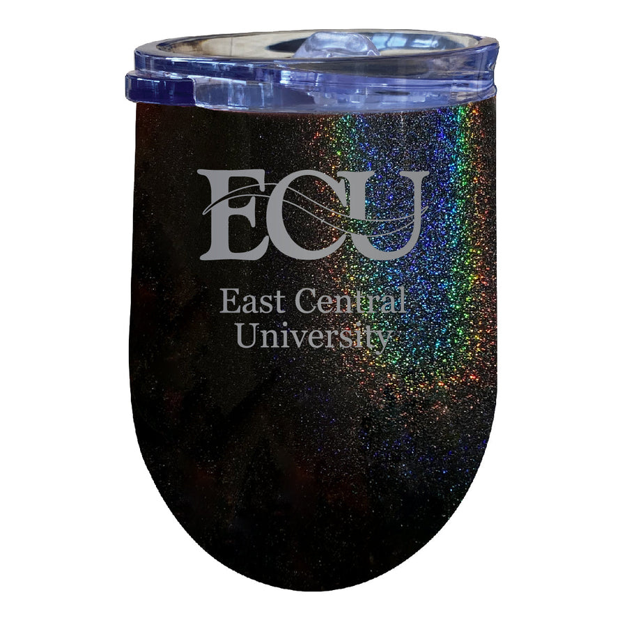 East Central University Tigers NCAA Laser-Etched Wine Tumbler - 12oz Rainbow Glitter Black Stainless Steel Insulated Cup Image 1