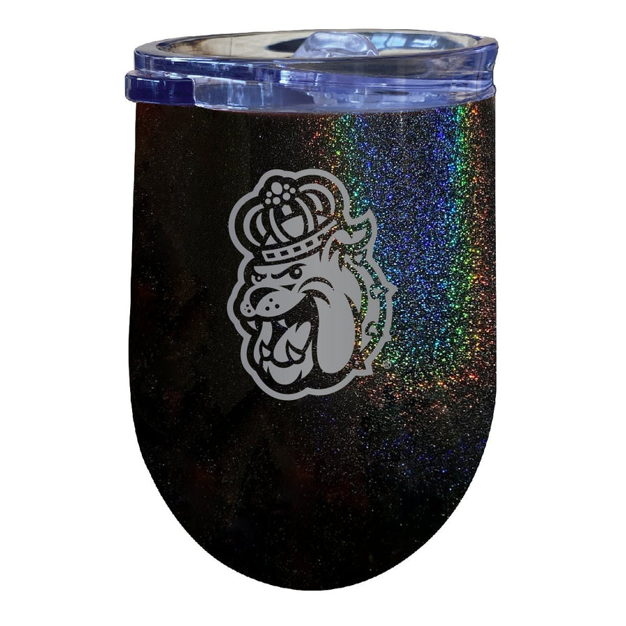 James Madison Dukes NCAA Laser-Etched Wine Tumbler - 12oz Rainbow Glitter Black Stainless Steel Insulated Cup Image 1