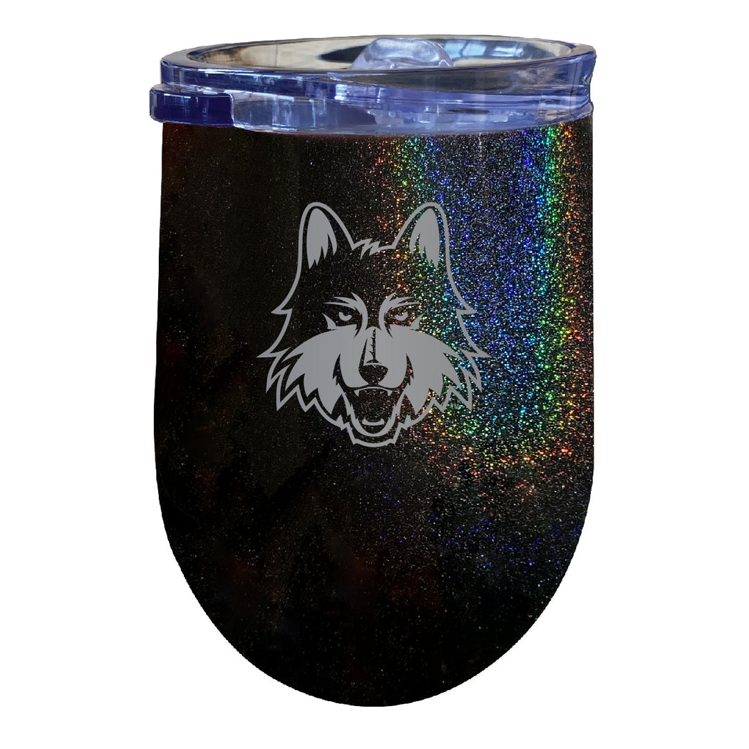 Loyola University Ramblers NCAA Laser-Etched Wine Tumbler - 12oz Rainbow Glitter Black Stainless Steel Insulated Cup Image 1