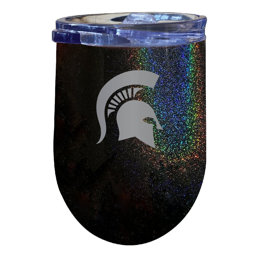 Michigan State Spartans NCAA Laser-Etched Wine Tumbler - 12oz Rainbow Glitter Black Stainless Steel Insulated Cup Image 1