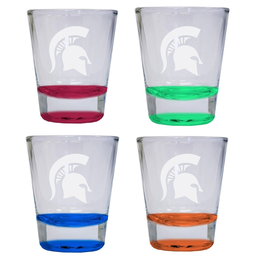 NCAA Michigan State Spartans Collectors 2oz Laser-Engraved Spirit Shot Glass Red Orange Blue and Green 4-Pack Image 1