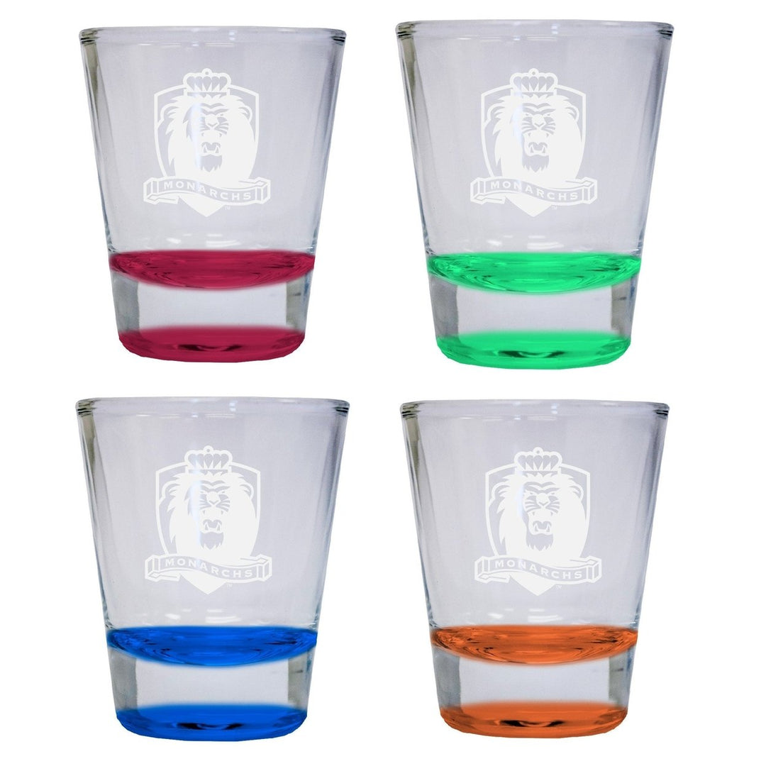 NCAA Old Dominion Monarchs Collectors 2oz Laser-Engraved Spirit Shot Glass RedOrangeBlue and Green 4-Pack Image 1