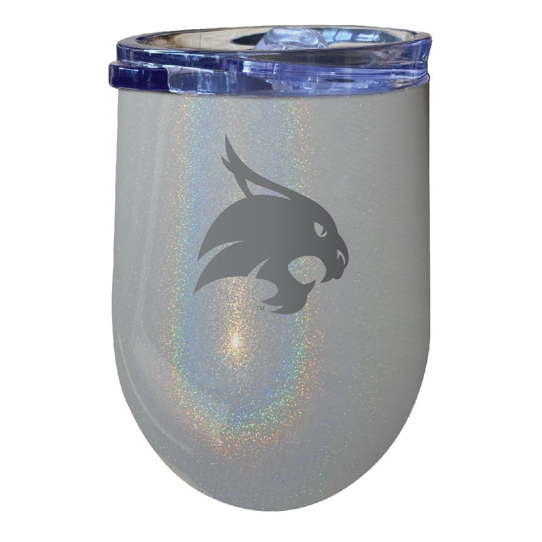 Texas State Bobcats NCAA Laser-Etched Wine Tumbler - 12oz Rainbow Glitter Gray Stainless Steel Insulated Cup Image 1