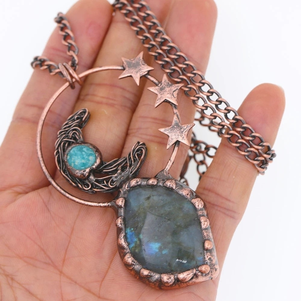 Star Moon Labradorite Vintage Boho Pendant Necklace Crystal Quartz Healing Energy Stone Tribal Ethnic Irregular Shape Image 11