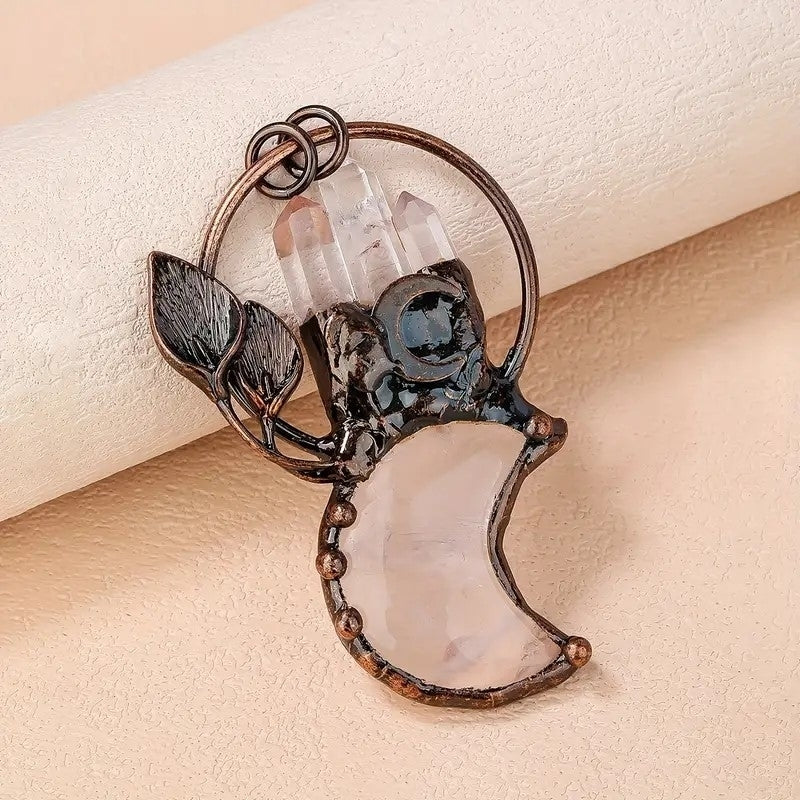 Moon and Calla Lily Flower Clear Quartz Vintage Boho Pendant Necklace Crystal Healing Energy Stone Ethnic Irregular Image 3