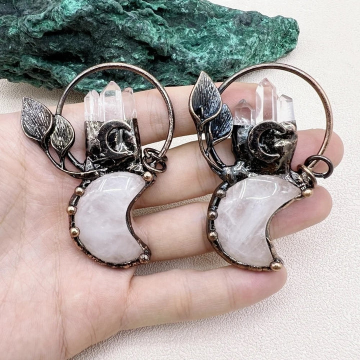 Moon and Calla Lily Flower Clear Quartz Vintage Boho Pendant Necklace Crystal Healing Energy Stone Ethnic Irregular Image 4