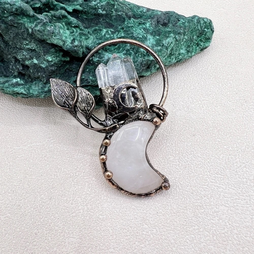 Moon and Calla Lily Flower Clear Quartz Vintage Boho Pendant Necklace Crystal Healing Energy Stone Ethnic Irregular Image 6