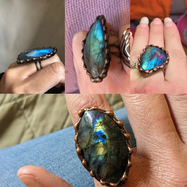 1PC Labradorite Irregular Shape Vintage Boho Antique Copper Adjustable Ring Handmade Crystal Quartz Healing Energy Image 7