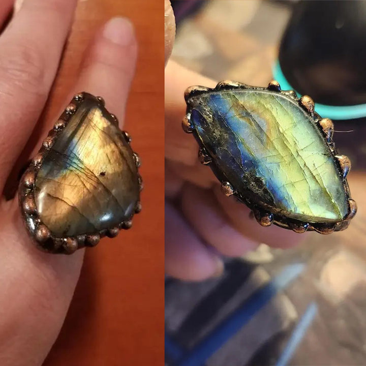 1PC Labradorite Irregular Shape Vintage Boho Antique Copper Adjustable Ring Handmade Crystal Quartz Healing Energy Image 8