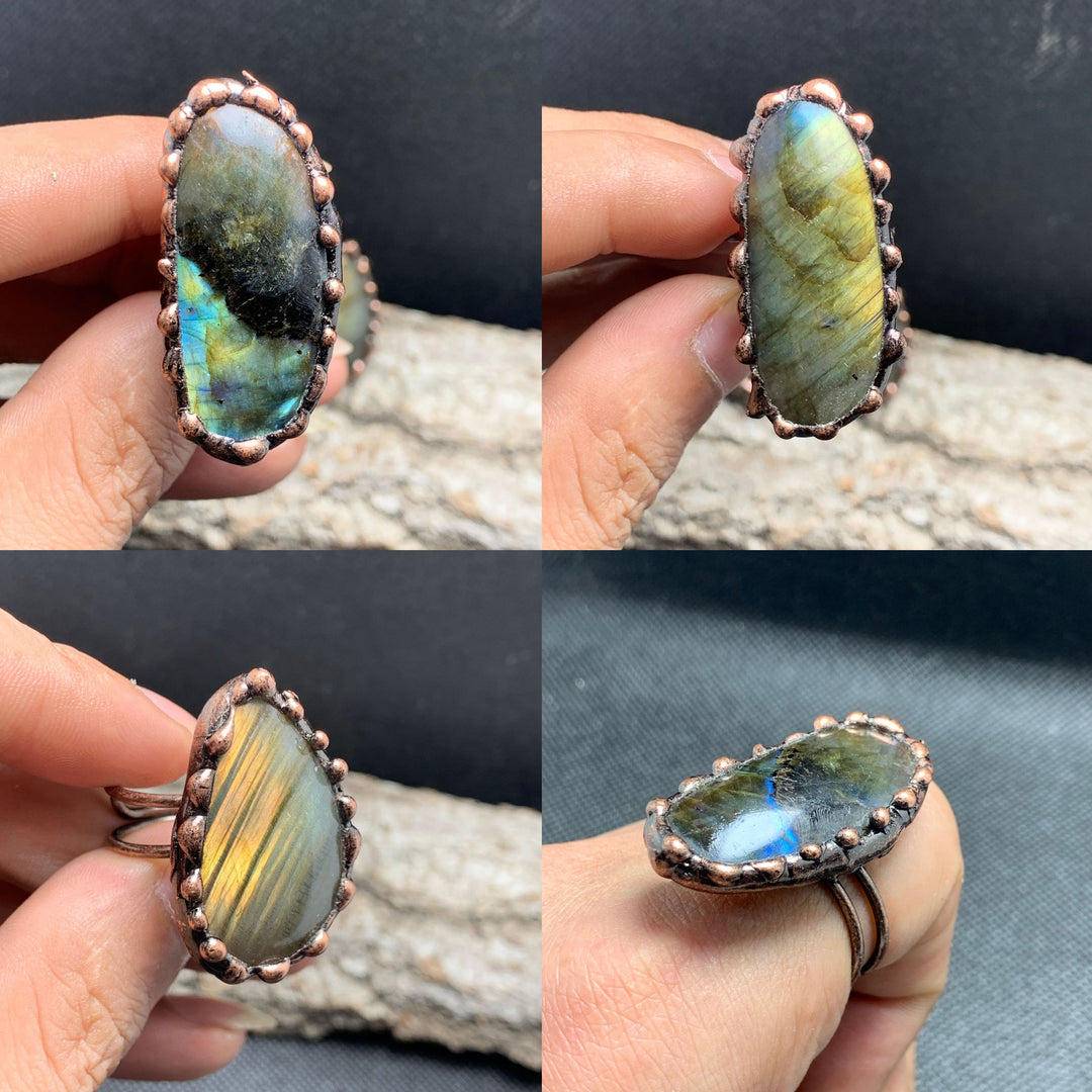 1PC Labradorite Irregular Shape Vintage Boho Antique Copper Adjustable Ring Handmade Crystal Quartz Healing Energy Image 10