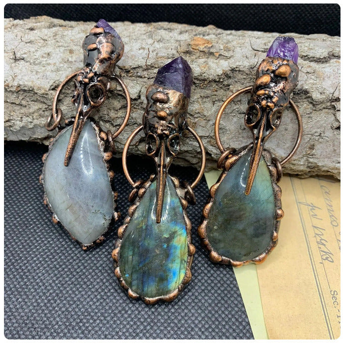 Hummingbird Skull Labradorite Amethyst Vintage Boho Pendant Necklace Crystal Quartz Healing Energy Irregular Shape Image 2