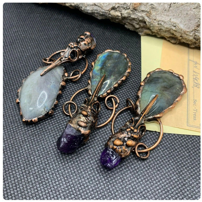 Hummingbird Skull Labradorite Amethyst Vintage Boho Pendant Necklace Crystal Quartz Healing Energy Irregular Shape Image 4