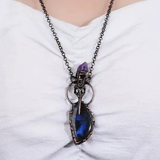 Hummingbird Skull Labradorite Amethyst Vintage Boho Pendant Necklace Crystal Quartz Healing Energy Irregular Shape Image 9