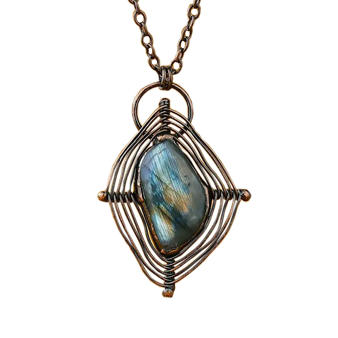 Braided Spider Web Labradorite Vintage Boho Pendant Necklace Crystal Quartz Healing Energy Tribal Irregular Shape Image 8