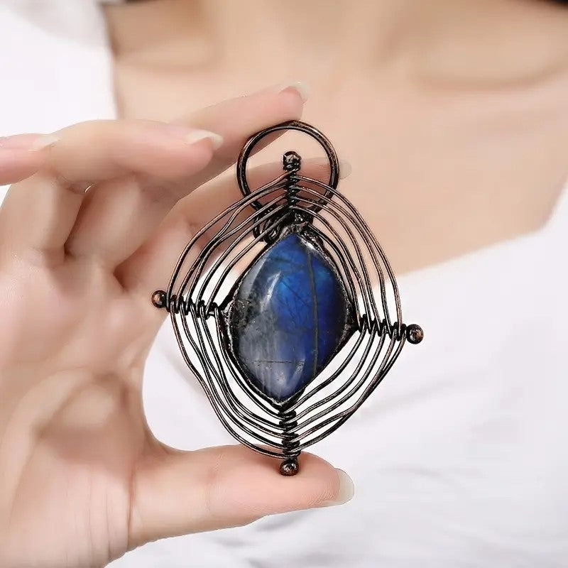 Braided Spider Web Labradorite Vintage Boho Pendant Necklace Crystal Quartz Healing Energy Tribal Irregular Shape Image 9