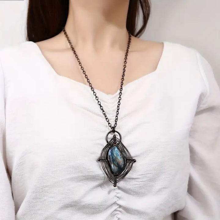 Braided Spider Web Labradorite Vintage Boho Pendant Necklace Crystal Quartz Healing Energy Tribal Irregular Shape Image 10