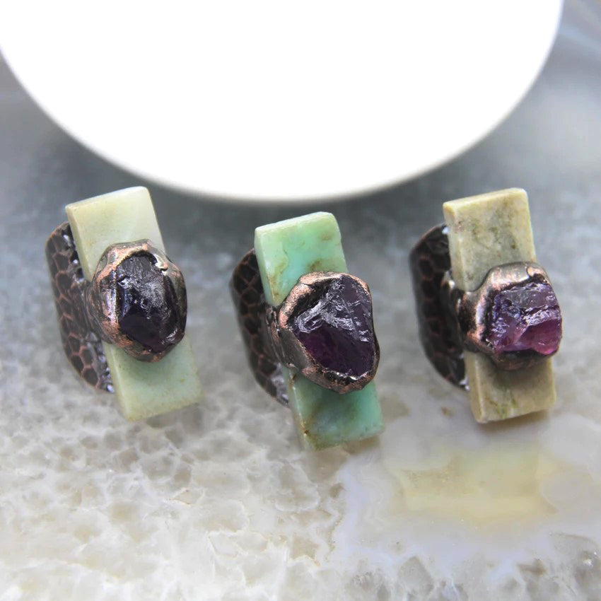 1PC Chrysoprase Jade Rectangle Slice Amethyst Vintage Boho Adjustable Ring Crystal Quartz Healing Energy Gemstone for Image 4