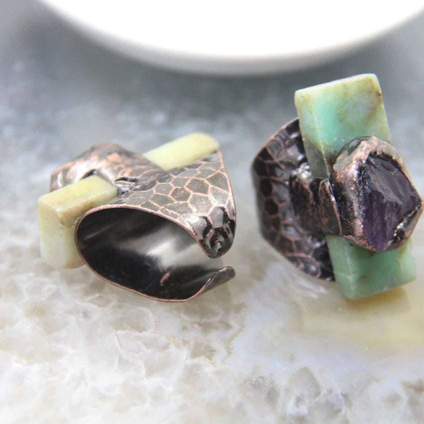 1PC Chrysoprase Jade Rectangle Slice Amethyst Vintage Boho Adjustable Ring Crystal Quartz Healing Energy Gemstone for Image 8