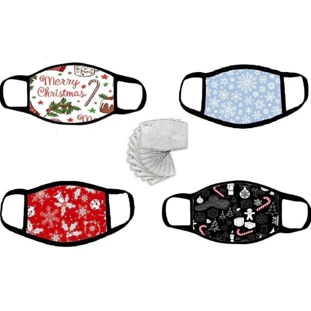 4-Pack Reusable Washable Christmas Themed Face MasksWinter Themed Face CoversIncludes 8 PM 2.5 Carbon Filters Image 1