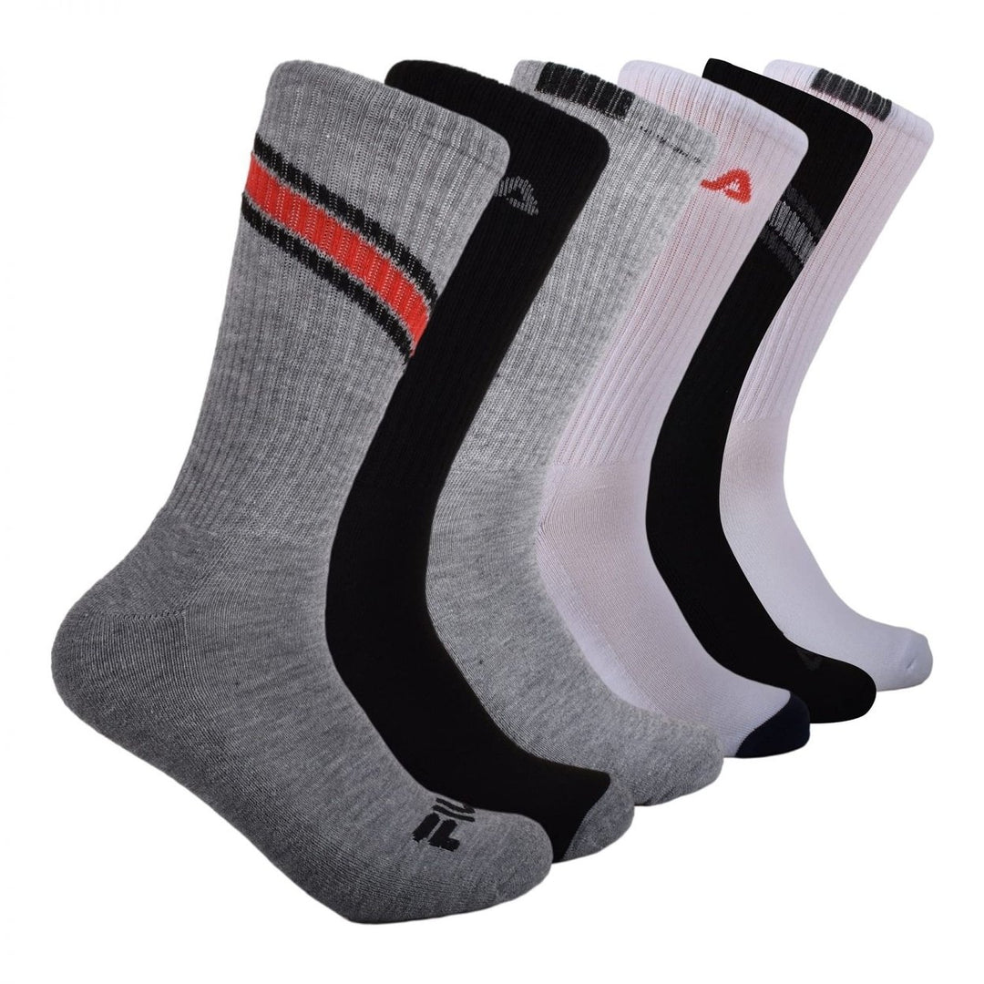 FILA Mens Crew Socks Grey Multi Chevron 6-Pack Half Cushion One Size 9-12 Image 1