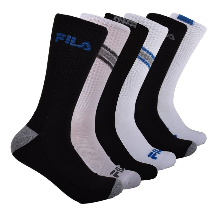 FILA Mens Half Cushion Crew Socks 6-Pack White Black Chevron One Size 9-12 Image 1