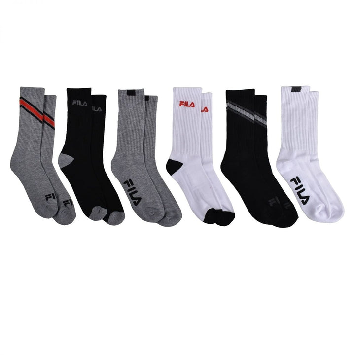 FILA Mens Crew Socks Grey Multi Chevron 6-Pack Half Cushion One Size 9-12 Image 2