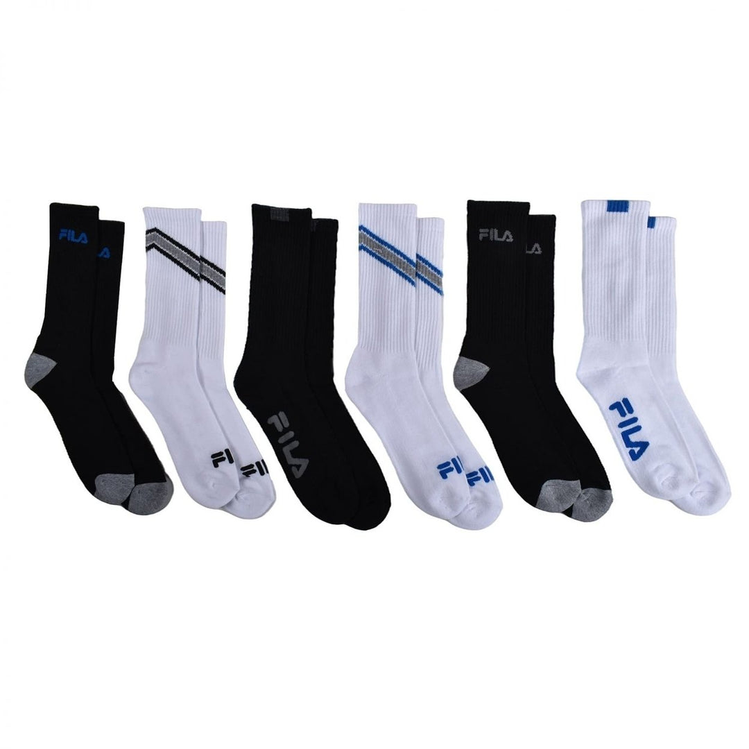 FILA Mens Half Cushion Crew Socks 6-Pack White Black Chevron One Size 9-12 Image 2