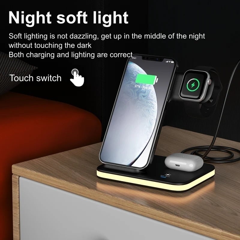 LuminCharge Pro 4-in-1 Wireless Charging Stand Night Light Qi Compatible Black Image 6