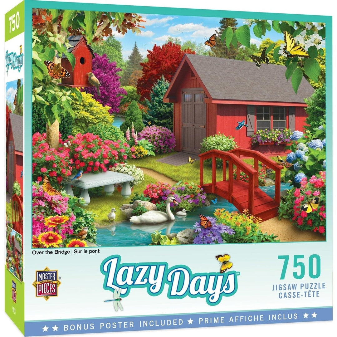 MasterPieces 750 Piece Jigsaw Puzzle Lazy Days Garden Bridge Red Cottage Image 1