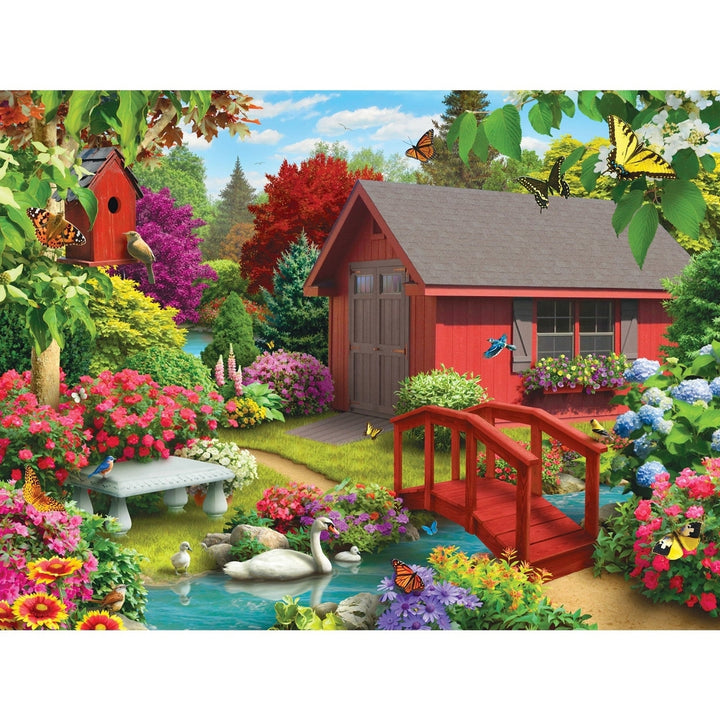 MasterPieces 750 Piece Jigsaw Puzzle Lazy Days Garden Bridge Red Cottage Image 2