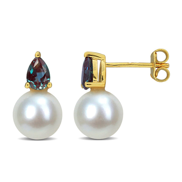 8.5-9mm Cultured Freshwater Pearl Earrings with Lab-Created Alexandrite Sterling Silver Image 1