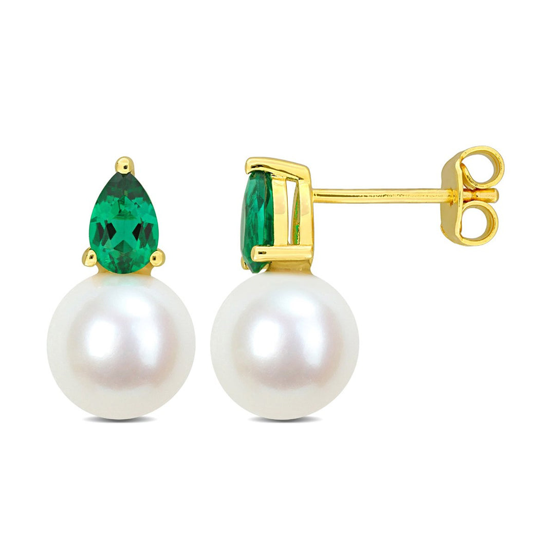 8.5-9mm Cultured Freshwater Pearl Earrings with Lab-Created Emeralds Yellow Sterling Silver Image 1