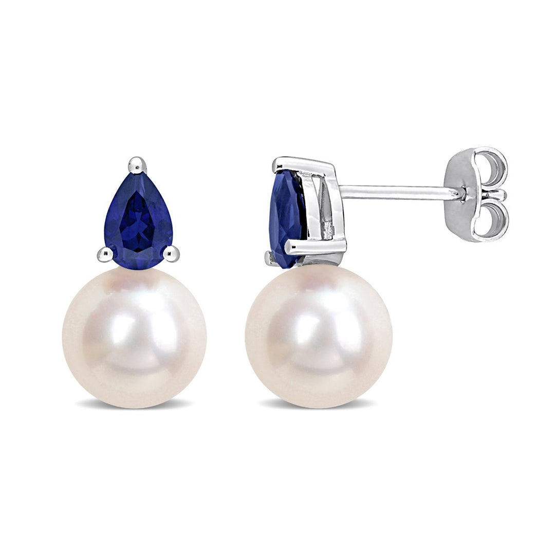 8.5-9mm Cultured Freshwater Pearl Earrings with Lab-Created Blue Sapphires Sterling Silver Image 1