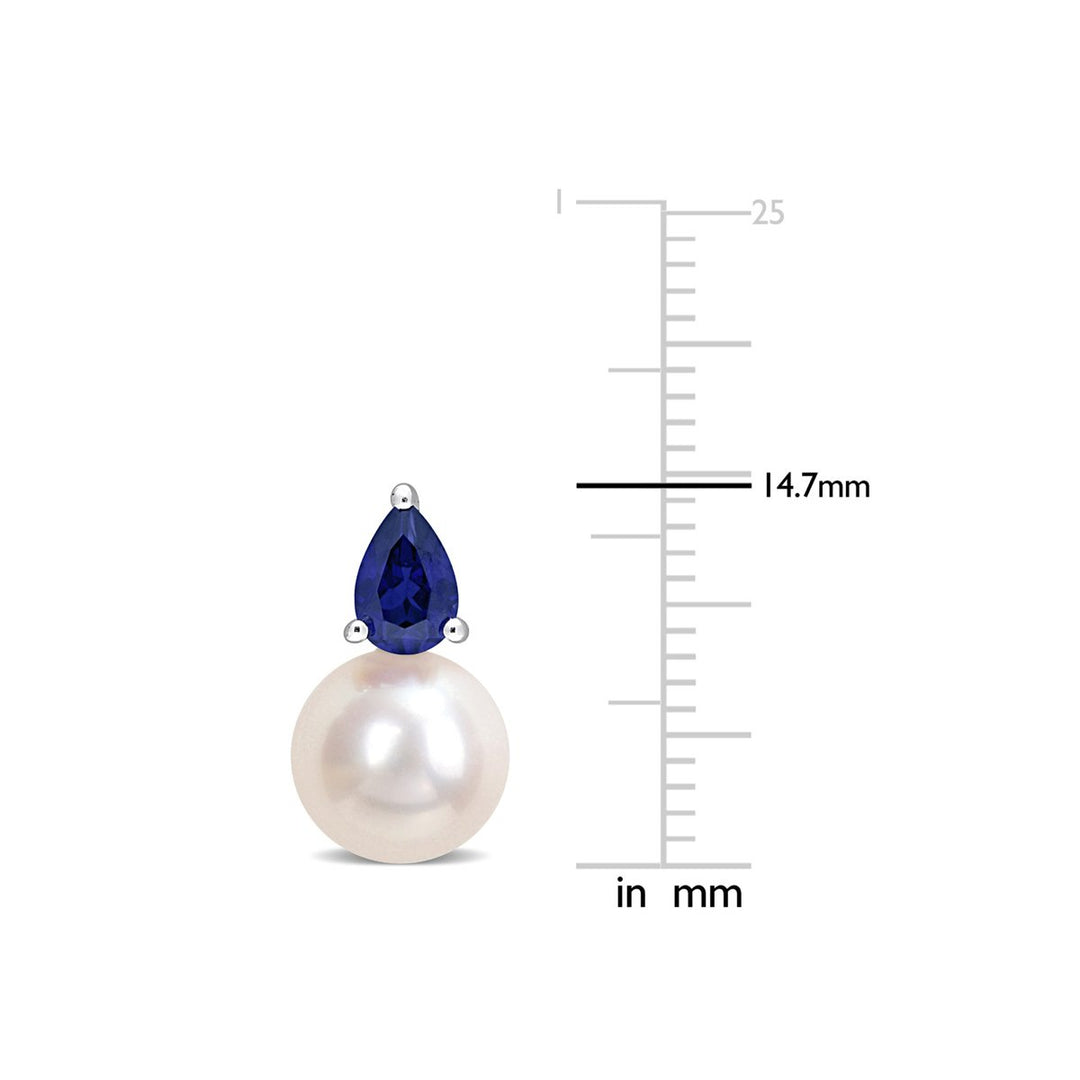 8.5-9mm Cultured Freshwater Pearl Earrings with Lab-Created Blue Sapphires Sterling Silver Image 2