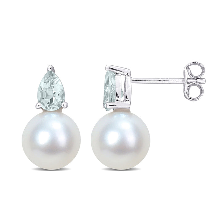 8.5-9mm Cultured Freshwater Pearl Earrings with Aquamarine Sterling Silver Image 1