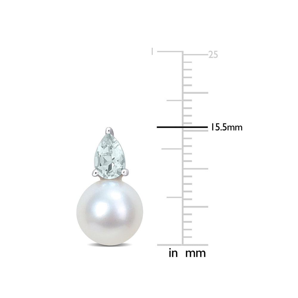 8.5-9mm Cultured Freshwater Pearl Earrings with Aquamarine Sterling Silver Image 2